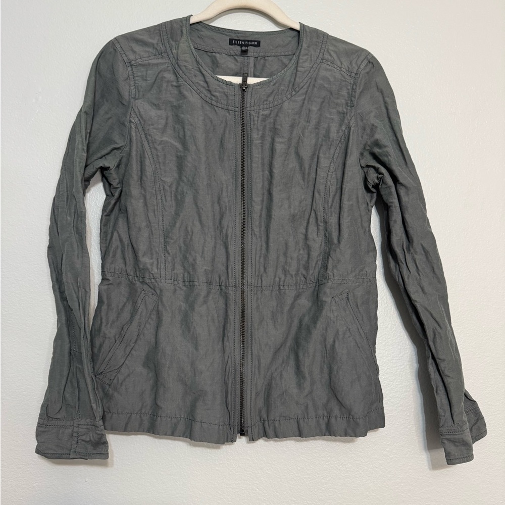 Eileen Fisher Rumpled Cotton Nylon Metallic Full Zip Jacket in Pewter Grey